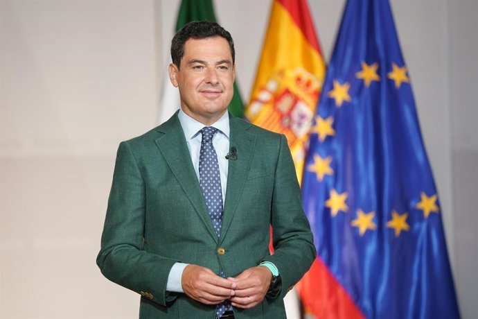 Juanma Moreno, este martes con motivo de su interención vía telemática,  en el Consejo de ministros de Agricultura de la Unión Europea en Eslovenia, en una reunión bajo el título 'Una visión a largo plazo para las zonas rurales'.