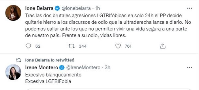 Tuits de Ione Belarra e Irene Montero.