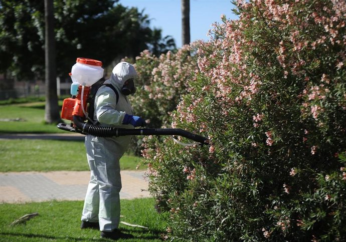Archivo - Un operario realiza labores de fumigación contra los mosquitos.
