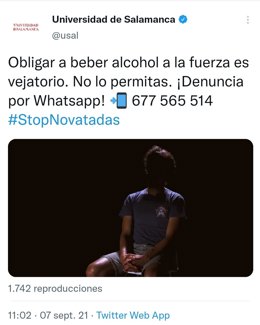 Tuit de la USAL para presentar la nueva línea de denuncia de las novatadas.