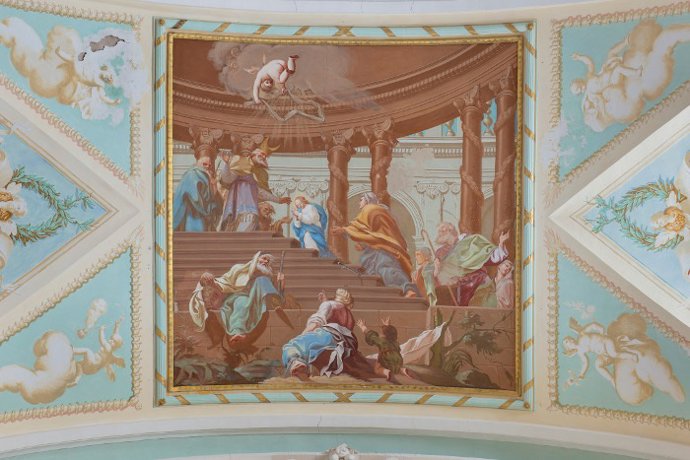 La restauración de las pinturas murales de la bóveda de la iglesia de la Cartuja de las Fuentes, en Sariñena (Huesca), comenzará en unas semanas.