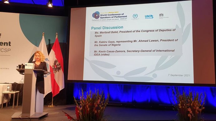 La presidenta del Congreso, Meritxell Batet, durante su discurso en la 5  Conferencia Mundial de Presidentes/as de Parlamento, en Viena