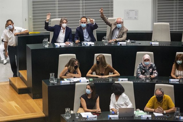 Los miembros de Recupera Madrid (i-d) Marta Higueras; José Manuel Calvo, y Luis Cueto, levantan la mano  