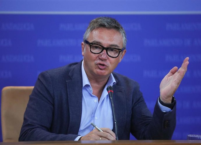 El portavoz parlamentario de Vox en Andalucía, Manuel Gavira, en rueda de prensa.