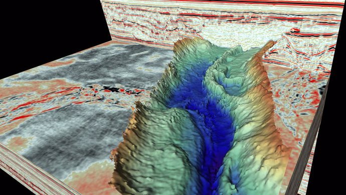 Imagen de cerca de un esker (un molde sedimentario de un canal de agua de deshielo formado debajo de una capa de hielo), descubierto dentro de un valle de túnel utilizando los nuevos datos de reflexión sísmica 3D.