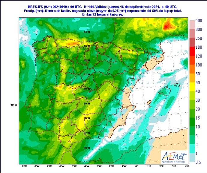 Mapa facilitado por la Aemet sobre la previsión de chubascos generalizados en CyL a partir del lunes