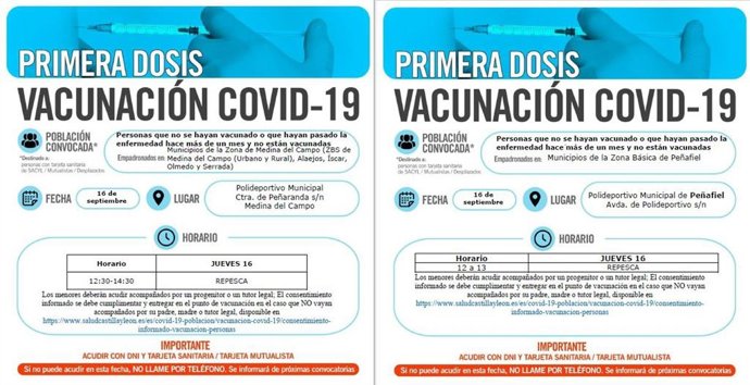 Convocatorias de 'repescas' de primeras dosis de vacuna contra el coronavirus en Peñafiel y Medina del Campo.