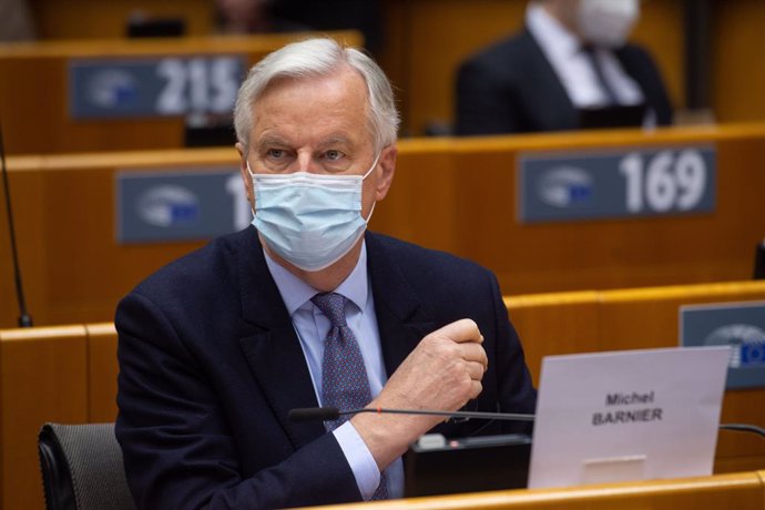 Archivo - HANDOUT - 27 April 2021, Belgium, Brussels: European Commission's Head of Task Force for Relations with the United Kingdom, Michel Barnier, attends a debate on the EU-UK trade and cooperation agreement on the second day of a plenary session at