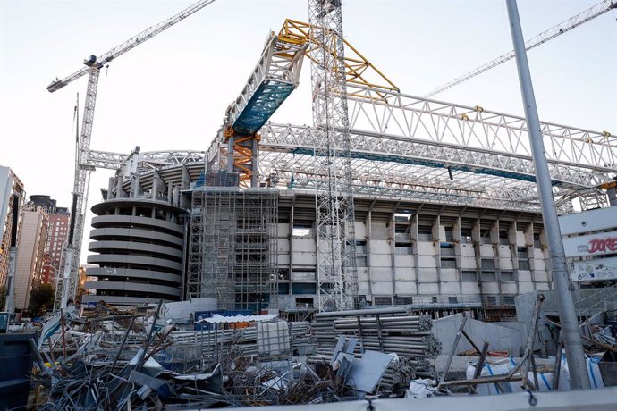 Detail of the state of the exterior works of the new Santago Bernabeu Stadium on August 19, 2021, in Madrid, Spain. Real Madrid will play in mid-September 2021 the first game in the new stadium with its fans since the state of alarm was decreed by Covid