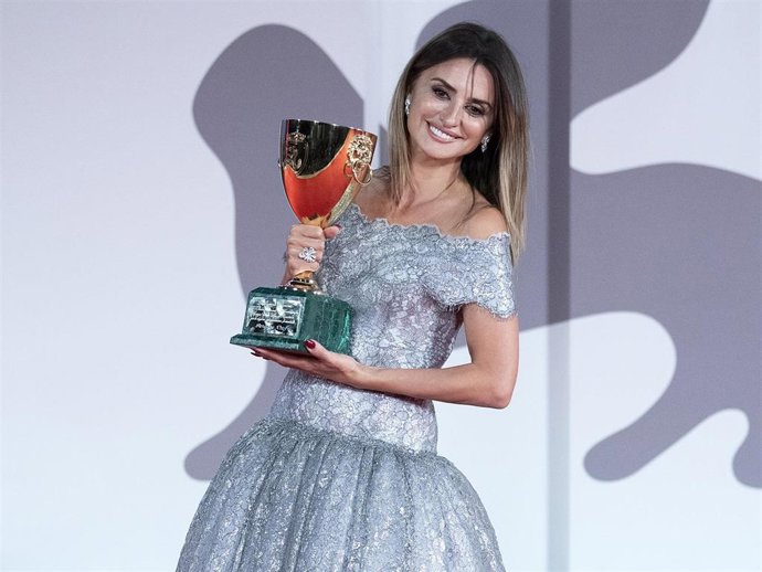 Penelope Cruz poses with the Coppa Volpi for Best Actress for ''Parallel Mothers'' during the Winners Red Carpet as part of the 78th Venice International Film Festival in Venice