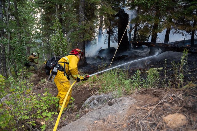 Imagen de archivo de bomberos trabajando en un bosque de California para extinguir los incendios.