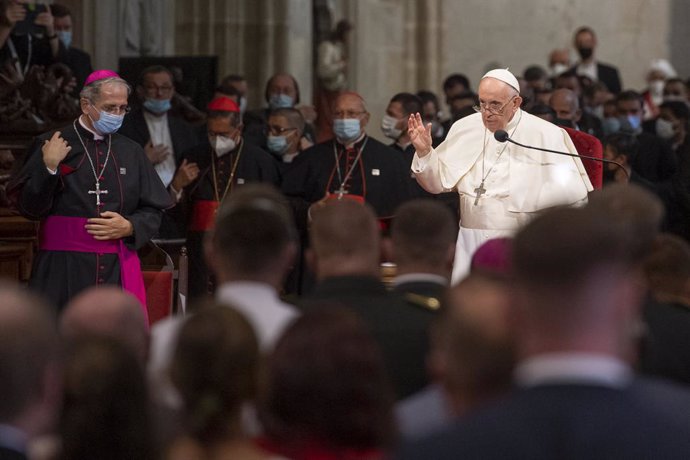 13 September 2021, Slovakia, Bratislava: Pope Francis delivers a speech at St. Martin's Cathedral during a meeting with bishops, priests, consecrated persons, seminarians and catechists of the local Slovak Church, as part of his visit to Slovakia. Photo