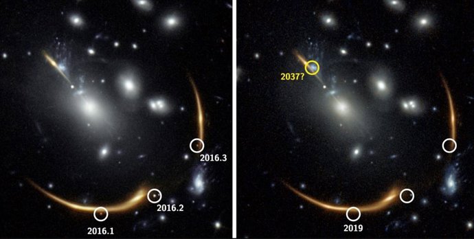 La gravedad del cúmulo de galaxias MACS J0138 curva tanto el espacio que la luz de una galaxia detrás de él se inclina hacia nosotros de varias maneras diferentes.