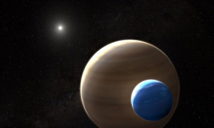 Impresión artística de la exoluna Kepler-1625b I orbitando su planeta.
