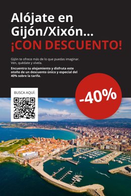 Cartel de la campaña promocional 'Alójate con descuento en Gijón/Xixón', lanzada por Gijón Turismo