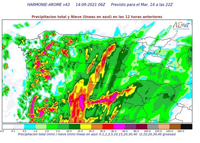 Mapa elaborado por la Aemet sobre la previsión de lluvias para la tarde-noche de este martes en CyL