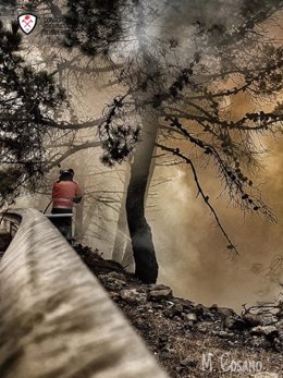 Un efectivo de bomberos del CPB interviene en el incendio forestal en Sierra Bermeja