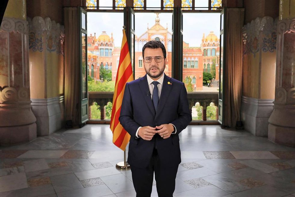 El presidente de la Generalitat, Pere Aragons, en el discurso institucional con motivo de la Diada, que ha realizado desde el recinto modernista del Hospital de Sant Pau.