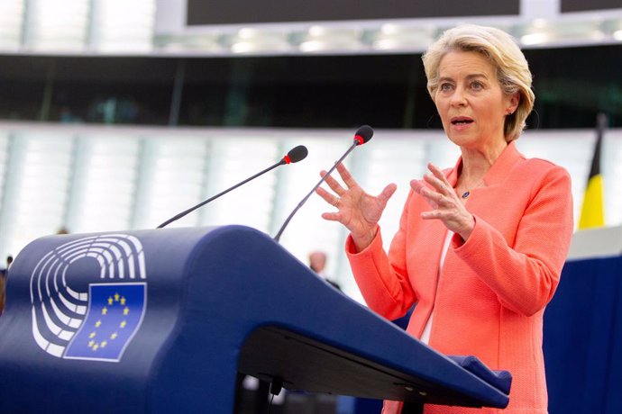 HANDOUT - 15 September 2021, France, Strasbourg: President of the European Commission Ursula von der Leyen delivers a speech during a plenary session of the European Parliament. Photo: Frederic Marvaux/European Parliament/dpa - ATTENTION: editorial use 