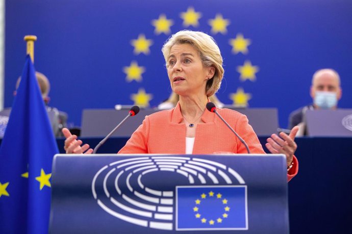 HANDOUT - 15 September 2021, France, Strasbourg: President of the European Commission Ursula von der Leyen delivers a speech during a plenary session of the European Parliament. Photo: Frederic Marvaux/European Parliament/dpa - ATTENTION: editorial use 