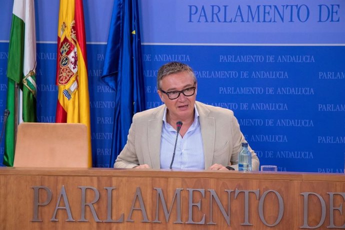 El portavoz parlamentario de Vox, Manuel Gavira, este miércoles en rueda de prensa.