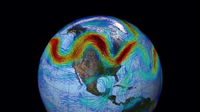 En esta visualización, basada en observaciones del conjunto de datos MERRA de la NASA, la corriente en chorro polar del hemisferio norte se ve como un cinturón serpenteante y rápido de vientos del oeste que atraviesan las capas inferiores de la atmósfera