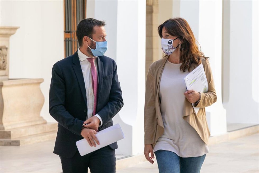 La consejera de Igualdad y portavoz del Gobierno regional, Blanca Fernández y el consejero de Desarrollo Sostenible, José Luis Escudero, comparecen en rueda de prensa, en el Palacio de Fuensalida, para informar sobre los acuerdos del Consejo de Gobierno.