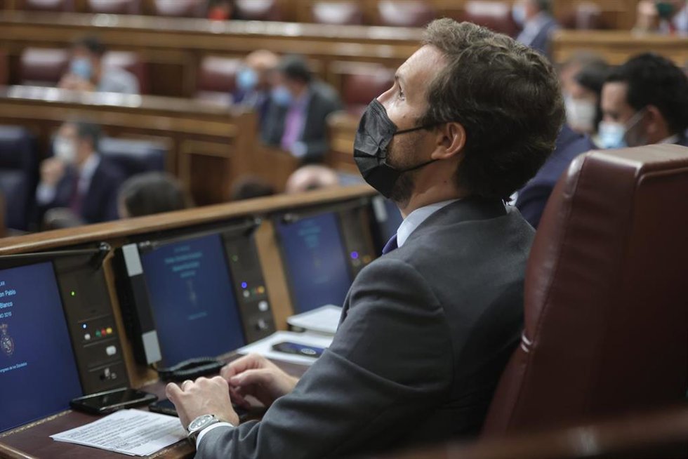 El líder del PP, Pablo Casado, en una sesión de control al Gobierno en el Congreso 