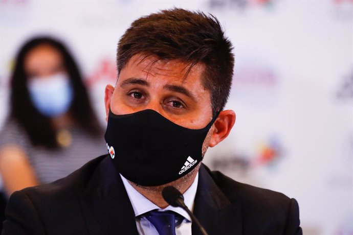 David Aganzo, President of AFE, attends during the press conference of the Association of Spanish Footballers (AFE) denouncing the non-inclusion of Rayo Vallecano players in Social Security as professionals on August 19, 2021, in Madrid, Spain.