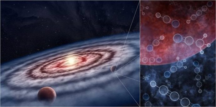 Impresión artística del gas y el polvo en el disco protoplanetario que rodea a la joven estrella.