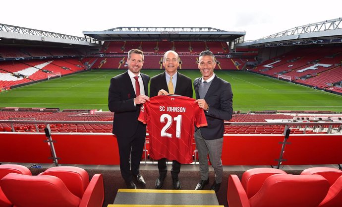 Anfield Stadium, Liverpool, 16 September 2021: [Pictured R-L] Liverpool FC Legend, Luis Garcia, is pictured alongside Fisk Johnson, Chairman and CEO SC Johnson, and Billy Hogan, CEO Liverpool Football Club at the launch of a new global sustainability pa