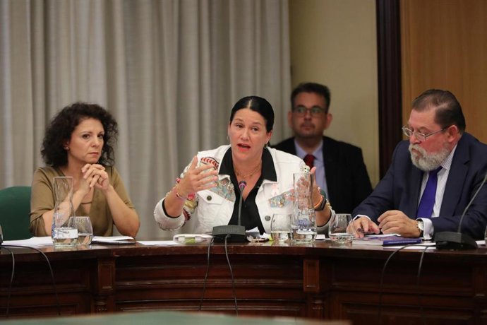 Archivo - (I-D) Los concejales del PP en el ayuntamiento de Móstoles, Mercedes Parrilla; Mirina Cortés y Alberto Rodríguez de Rivera, durante su intervención en un pleno municipal anterior a la crisis del coronavirus.