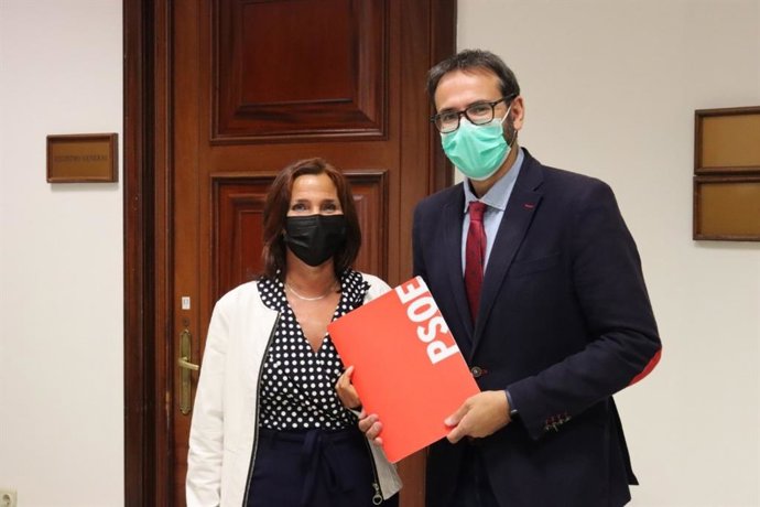 La portavoz socialista de la Comisión de Educación del Congreso, Luz Martínez Seijo, y el presidente de dicha Comisión, el socialista, Sergio Gutiérrez, registrando la iniciativa