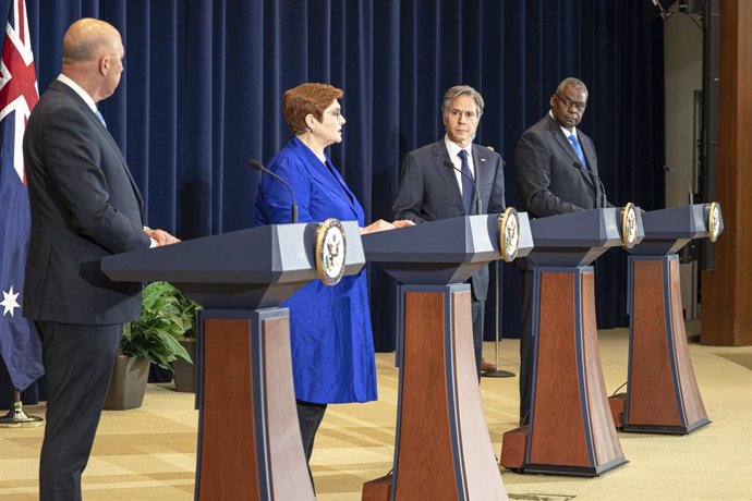HANDOUT - 16 September 2021, US, Washington: (L-R) Australian Defence Minister Peter Dutton, Australian Foreign Minister Marise Payne, US Secretary of State Antony Blinken and US Secretary of Defence Lloyd Austin hold a joint press conference after the 