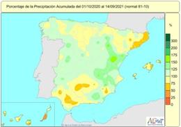 Mapa de lluvias acumuladas en España desde el 1 de octubre de 2020 hasta el 14 de septiembre de 2021. Se sitúan un 5% por debajo del valor normal a falta de 15 días para terminar el presente año hidrológico.