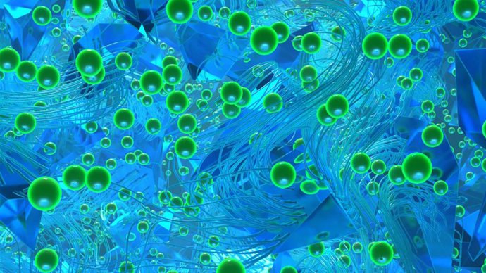 An illustration of zinc ions actively suspended in a nylon polymer matrix. A recently published study found the combination of zinc and nylon 66 to be effective at absorbing and inactivating viruses. (PRNewsfoto/Ascend Performance Materials)