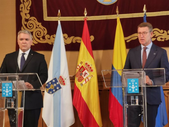 El presidente de Colombia, Iván Duque, comparece junto al presidente de la Xunta de Galicia, Alberto Núñez Feijóo.