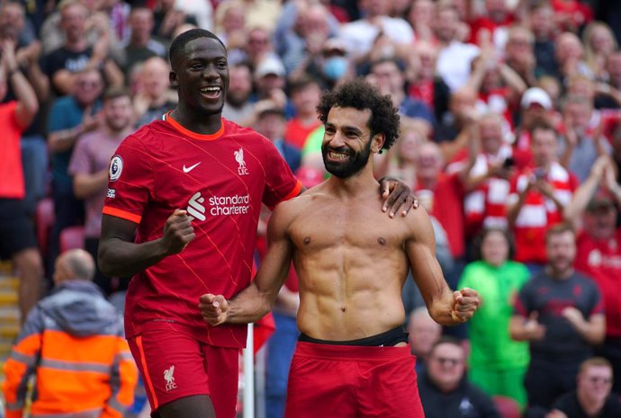 18 September 2021, United Kingdom, Liverpool: Liverpool's Mohamed Salah (R) celebrates scoring with teammate Ibrahima Konate during the English Premier League soccer match between Liverpool and Crystal Palace at the Anfield. Photo: Peter Byrne/PA Wire/d