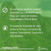 El Cabildo de La Palma cierra senderos y suspende la caza menor en los municipios en alerta por riesgo volcánico