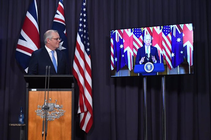 El primer ministro de Australia, Scott Morrison, en la rueda de prensa virtual junto al presidente de Estados Unidos, Joe Biden, en la que se presentó el acuerdo AUKUS junto a Reino Unido