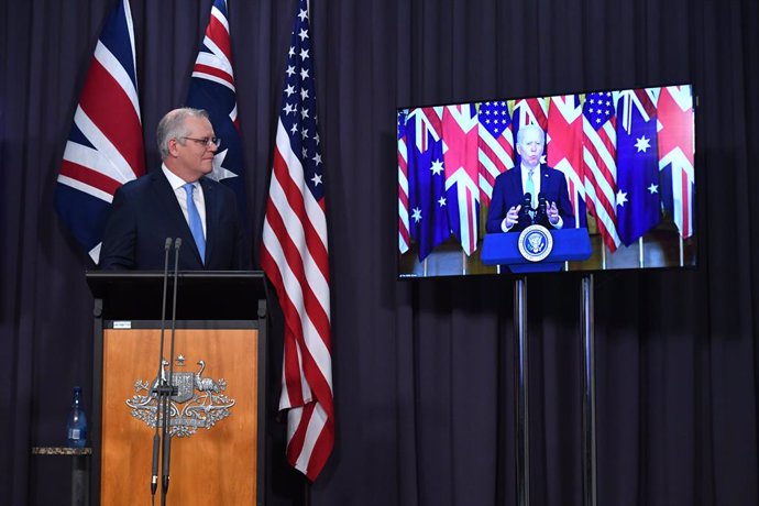 Australias Prime Minister Scott Morrison at a joint press conference via AVL with Britains Prime Minister Boris Johnson and US President Joe Biden from The Blue Room at Parliament House in Canberra, Thursday, September 16, 2021. (AAP Image/Mick Tsikas