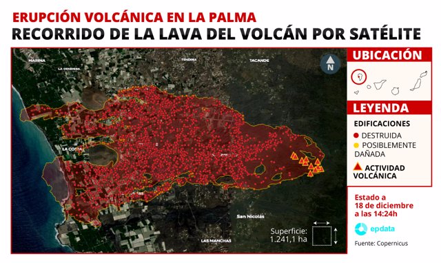 Mapa del recorrido de la lava en el volcán de La Palma por satélite