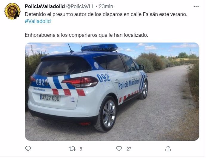 Tuit en el que la Policía Municipal informa de la detención de un varón como presunto autor de los disparos en la calle Faisán a primeros de agosto.
