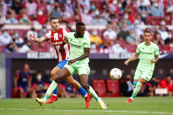 Inaki Williams of Athletic Club and Mario Hermoso of Atletico de Madrid in action during the spanish league, La Liga Santander, football match played between Atletico de Madrid and Athletic Club at Wanda Metropolitano stadium