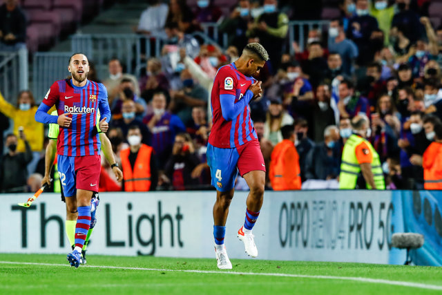 04 Ronald Araujo of FC Barcelona celebrates a goal during the spanish league, La Liga Santander, football match played between FC Barcelona and Granada CF at Camp Nou stadium on September 20, 2021, in Barcelona, Spain.