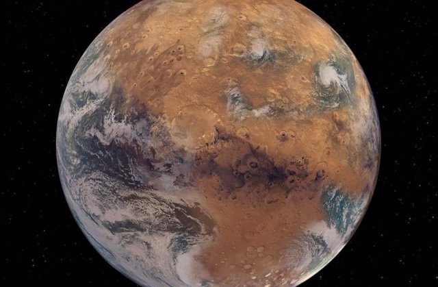 Interpretación artística de un Marte con agua superficial similar a la de la Tierra.