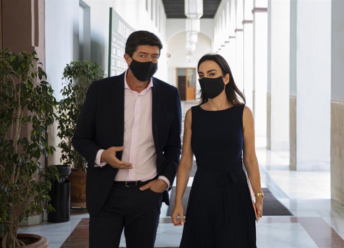 El vicepresidente de la Junta, Juan Marín (i), junto a la portavoz del grupo parlamentario Ciudadanos, Teresa Pardo (d), en una foto de archivo en el Parlamento andaluz.
