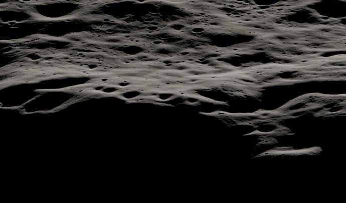 Esta visualización de datos muestra el área montañosa al oeste del cráter Nobile y los cráteres más pequeños que cubren su borde en el polo sur lunar.