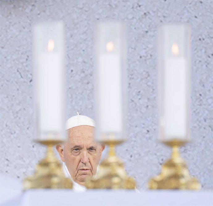 15 September 2021, Slovakia, Sastin: Pope Francis leads the Holy Mass in the open-air area at the National Shrine in Sastin, which is known as a pilgrimage site where people come to venerate the statue of the Our Lady of Sorrows. Photo: Michal Svtok/TA