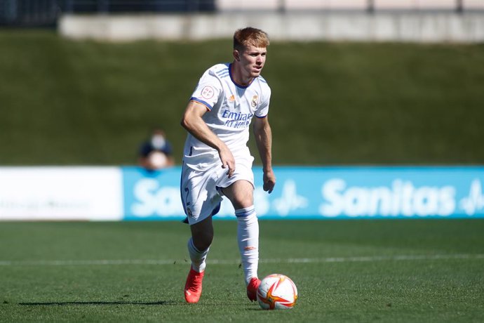Sergio Santos of RM Castilla in action during the spanish third league, Primera Division RFEF Group 2, football match played between Real Madrid Castilla and Gimnastic de Tarragona at Alfredo di Stefano stadium on September 19, 2021, in Madrid, Spain.